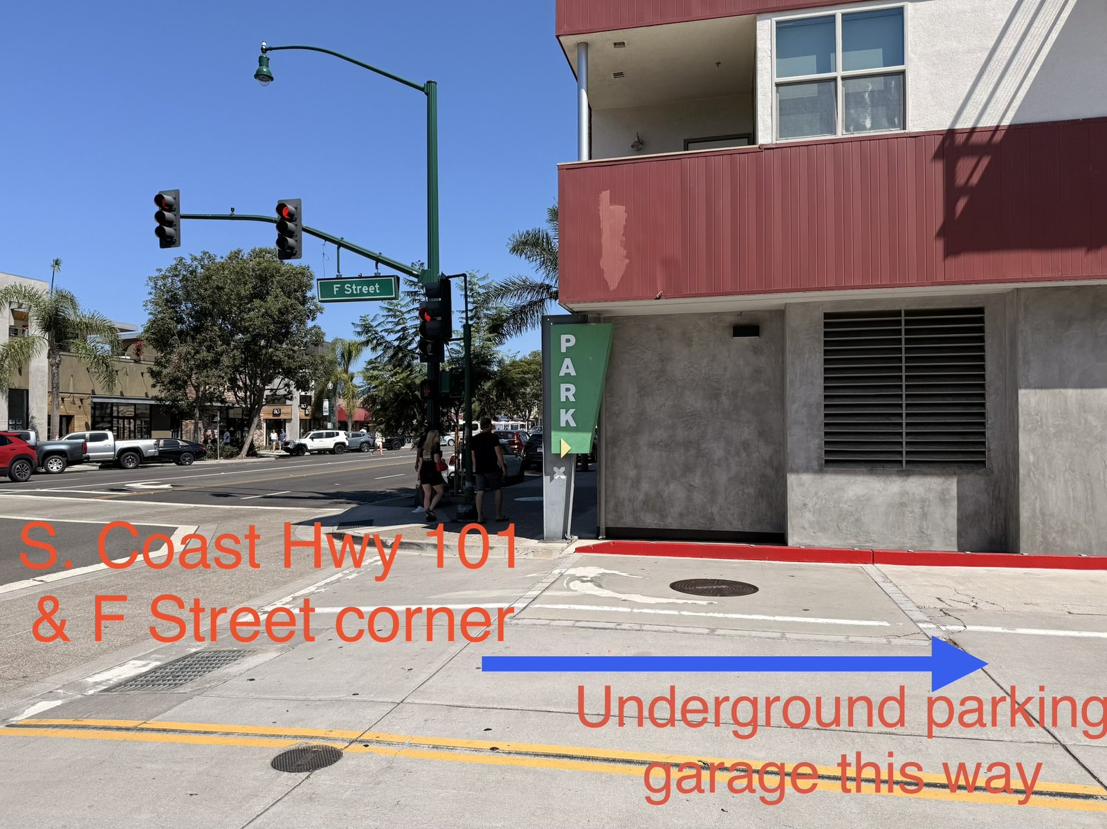 Underground public parking garage entrance at S. Coast Hwy 101 and F Street
