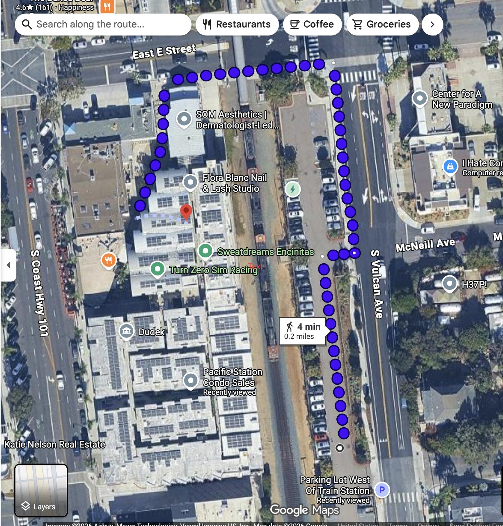 Map of train station parking lot behind Talay Thai Massage along S. Vulcan Ave